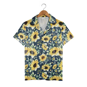 Elegant Watercolor Sunflower Hawaiian Shirt with Buds on Navy Blue