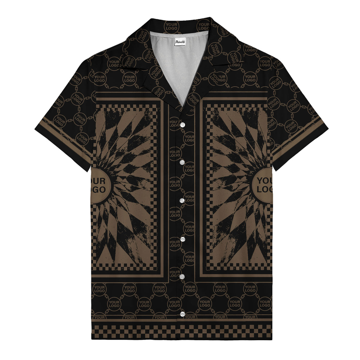 geometric palm leaves checkerboard border hawaiian shirt for men