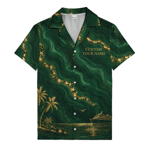 gold palm trees over emerald ocean waves cruise ship hawaiian shirt