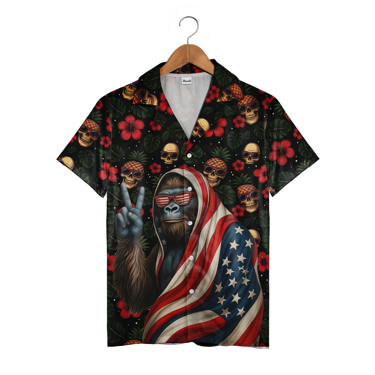 Gorilla American Flag Hawaiian Shirt - Tropical Skull Pineapple & Hibiscus Party Print