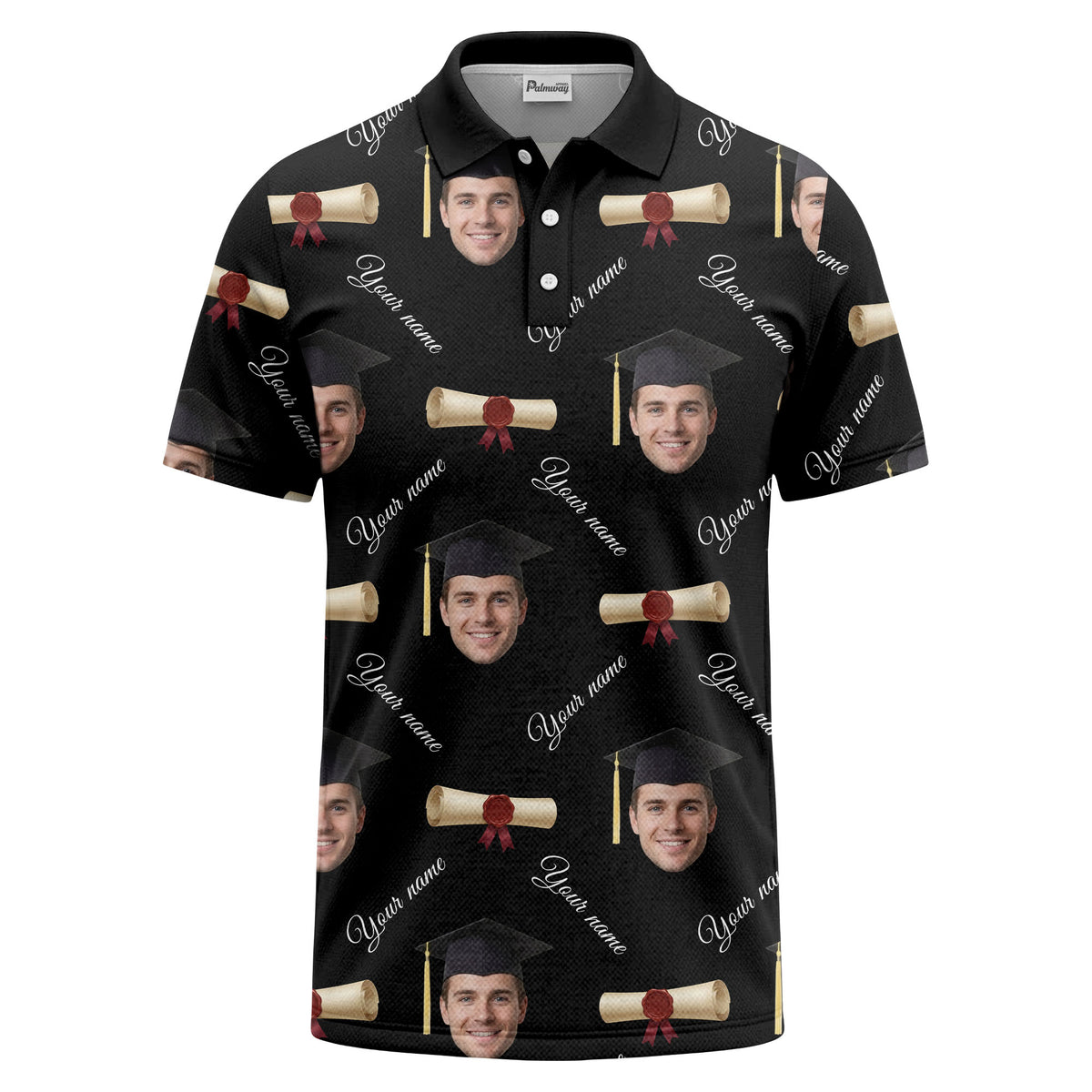 graduation caps & diploma scrolls over personalized faces polo shirt