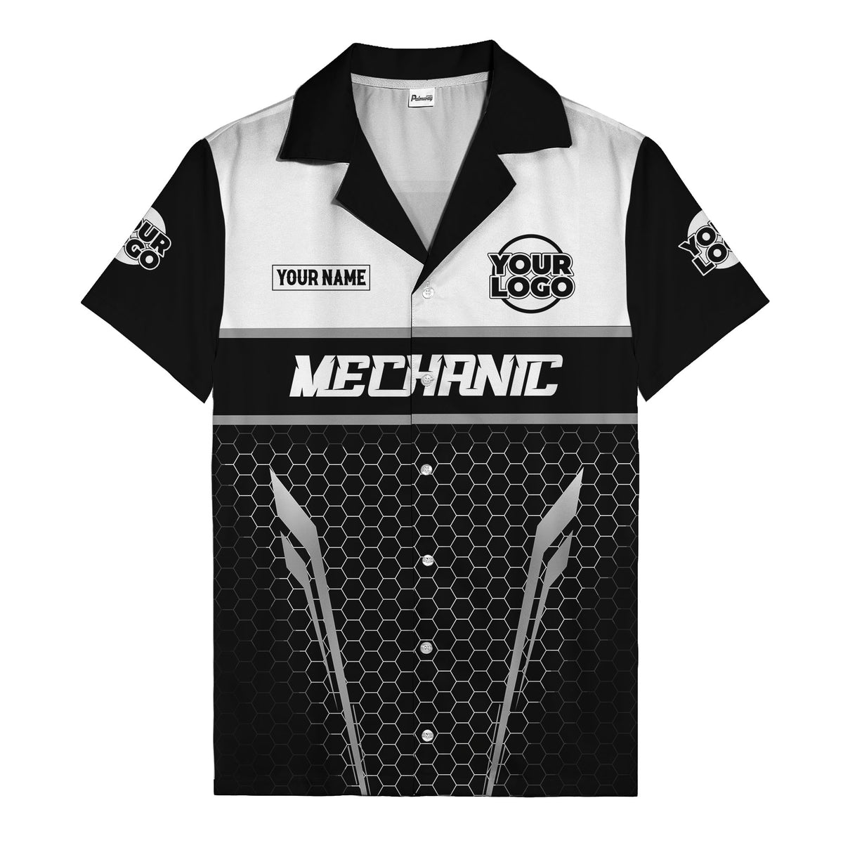hexagon mechanic logo grid hawaiian shirt for automotive pros
