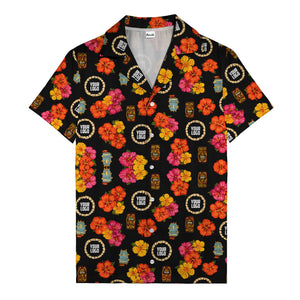 hibiscus & tiki masks all-over print hawaiian shirt for beach getaway