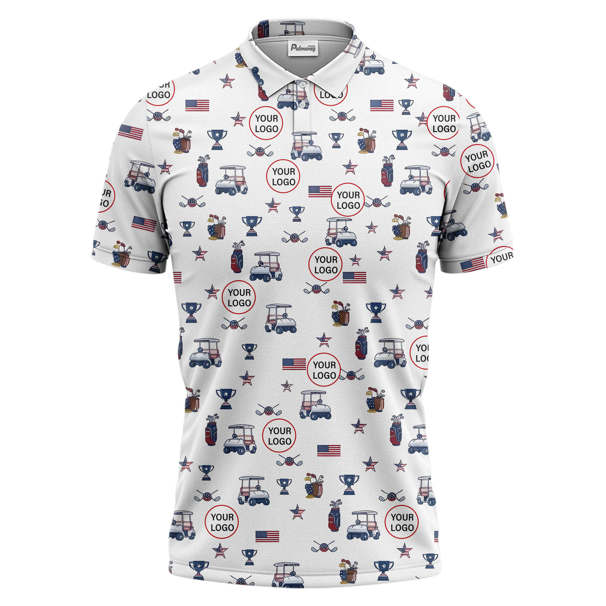 illustrated golf cart trophy flag polo shirt for men