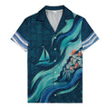 illustrated sailboat sunset & coastal village waves hawaiian shirt