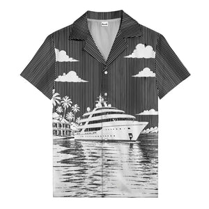 luxury yacht & palm trees tropical beach scene hawaiian shirt