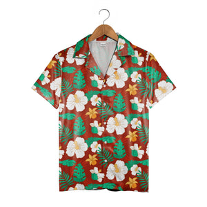Maroon Paradise Hawaiian Shirt with White Hibiscus and Golden Plumeria