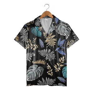 Midnight Jungle Black Hawaiian Shirt with Teal Monstera and Gold Accents