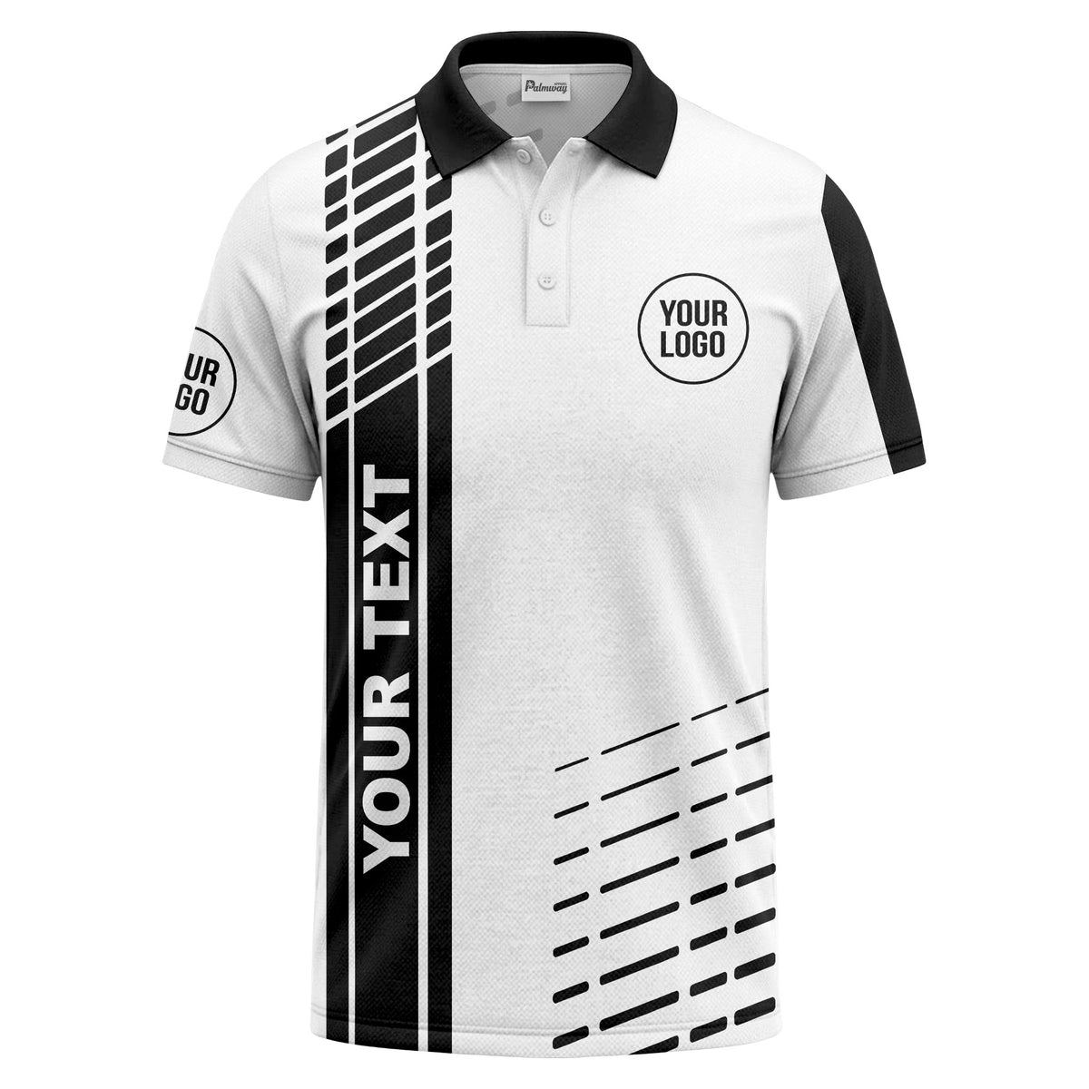 modern vertical stripe & dashed line graphic custom text logo polo shirt