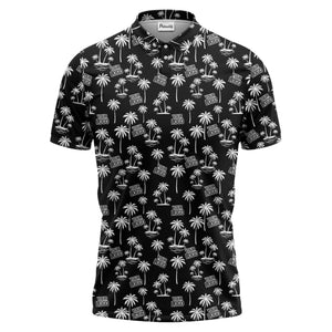 monochrome palm trees & custom logo repeat black white polo shirt