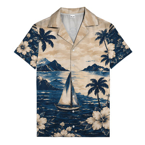 navy sailboat palm hibiscus hawaiian shirt for men