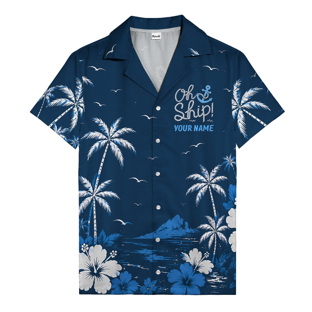 oh ship palm trees hibiscus navy blue watercolor hawaiian shirt for men