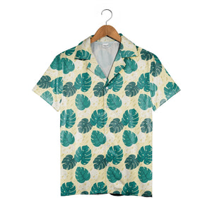 Pale Cream Yellow Modern Graphic Monstera Hawaiian Shirt with Abstract Dots