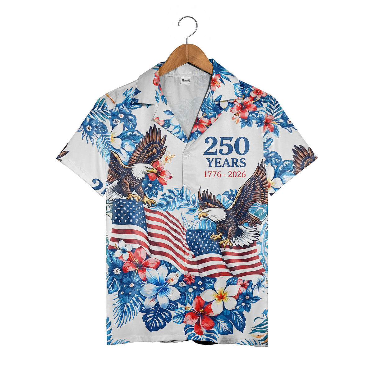 Patriotic Tropical Hawaiian Shirt - Eagle & Hibiscus Floral Print for 4th of July
