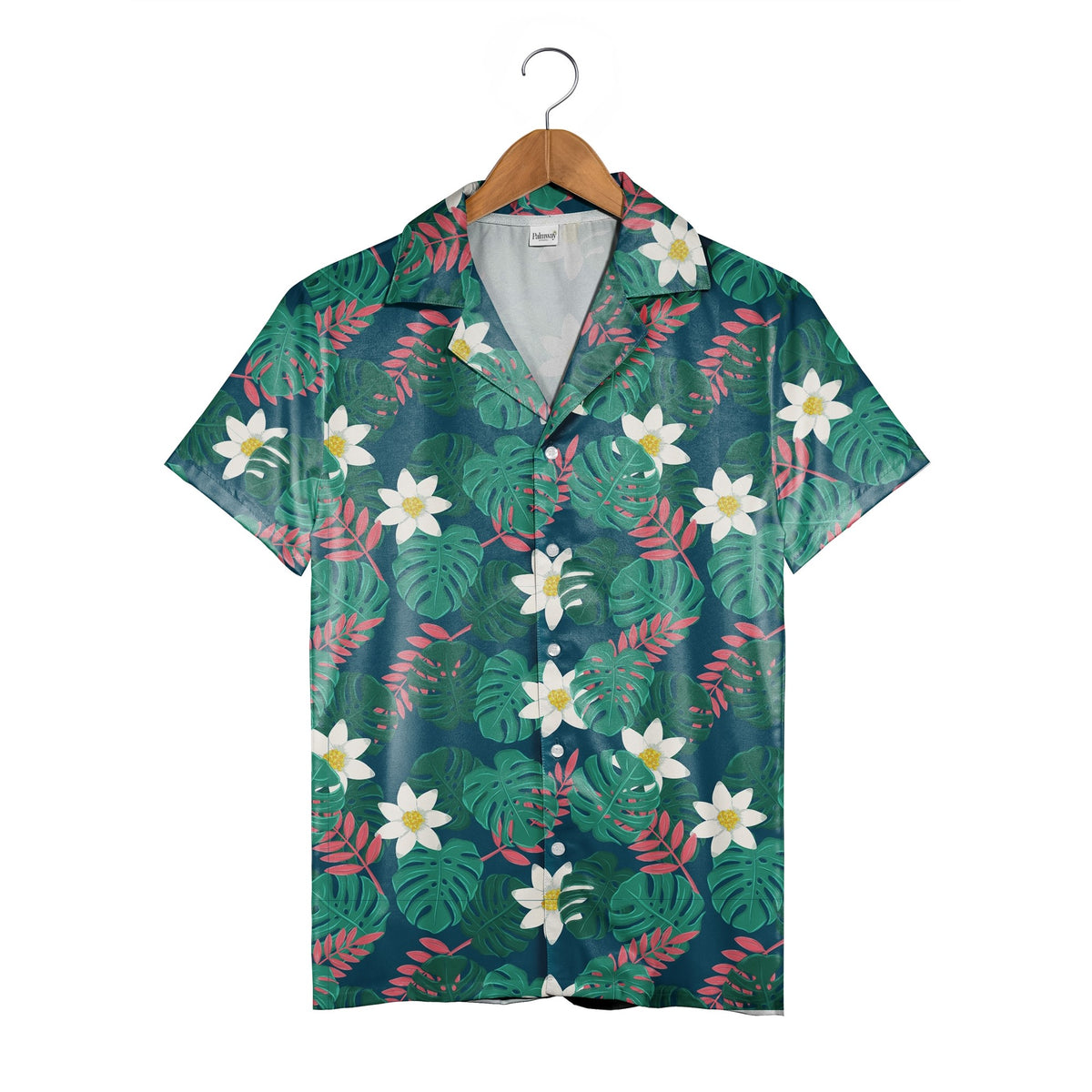 Petrol Blue Hawaiian Shirt with Emerald Monstera and Coral Tropical Flowers