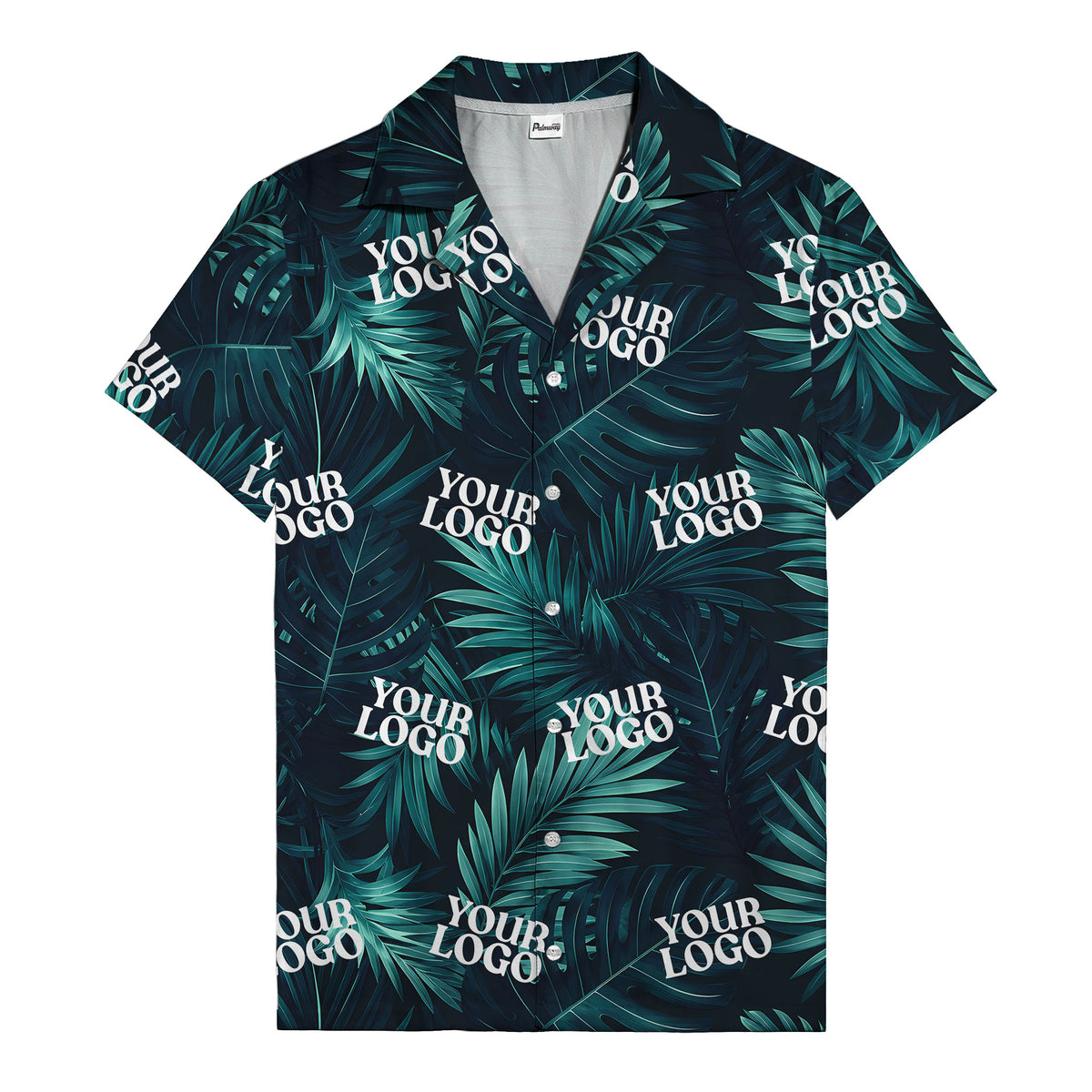 photorealistic palm leaves custom logo navy blue hawaiian shirt