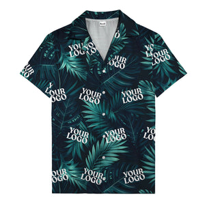 photorealistic palm leaves custom logo navy blue hawaiian shirt