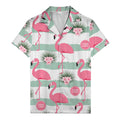 pink flamingos watercolor aloha shirt with mint stripes and tropical flowers hawaiian shirt