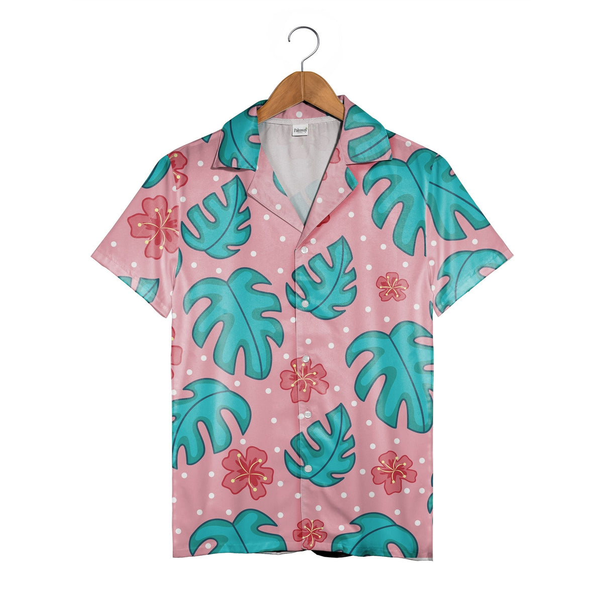 Polka Dot Paradise Hawaiian Shirt with Teal Monstera Leaves