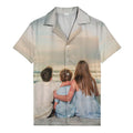 realistic beach family vacation scene hawaiian shirt with sand & surf aloha vibe