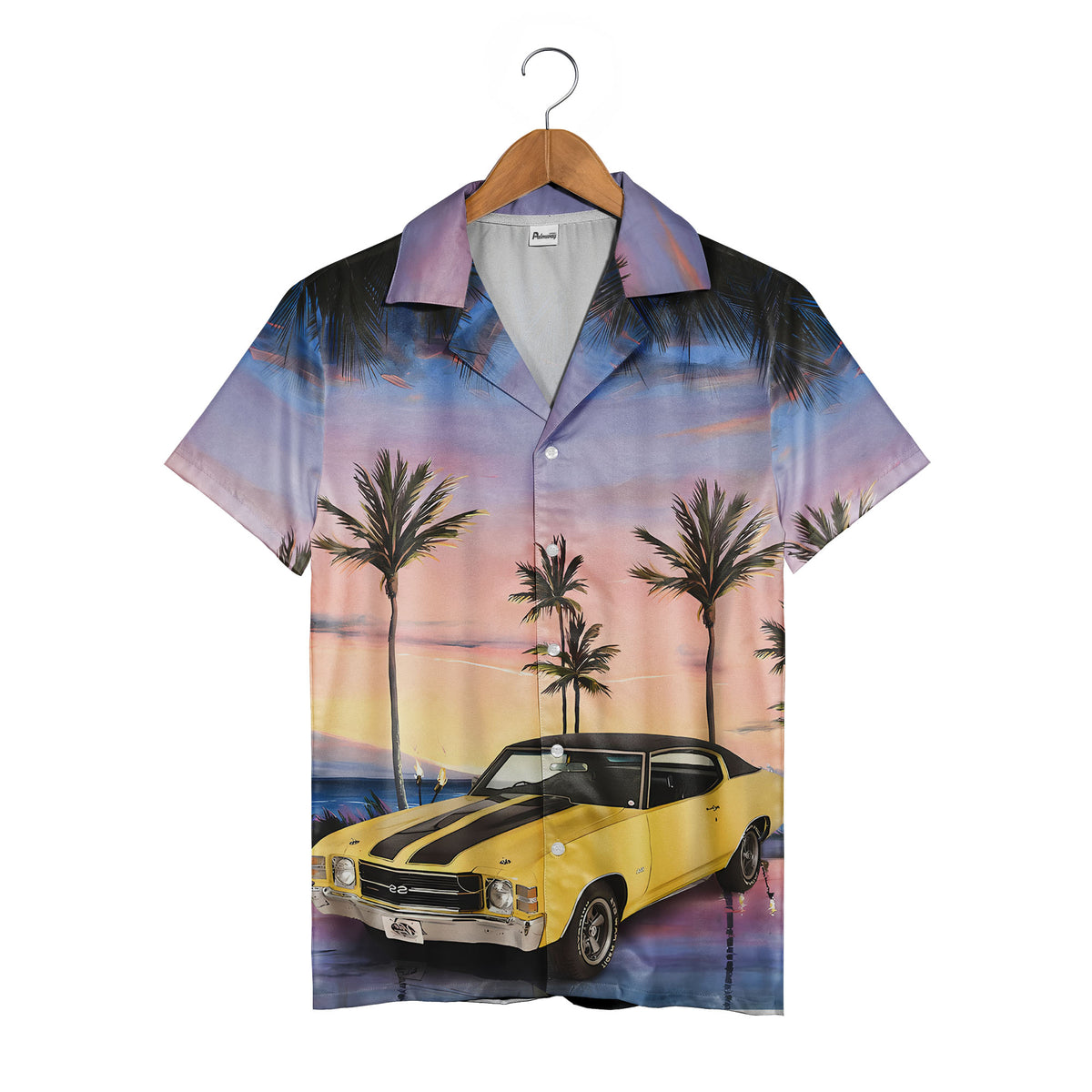 Retro Sunset Muscle Car & Palm Trees Tropical Hawaiian Button Down Shirt Hawaiian Shirt