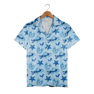 Seaside Escape Hawaiian Shirt with Starfish and Sun Hats in Watercolor Blues