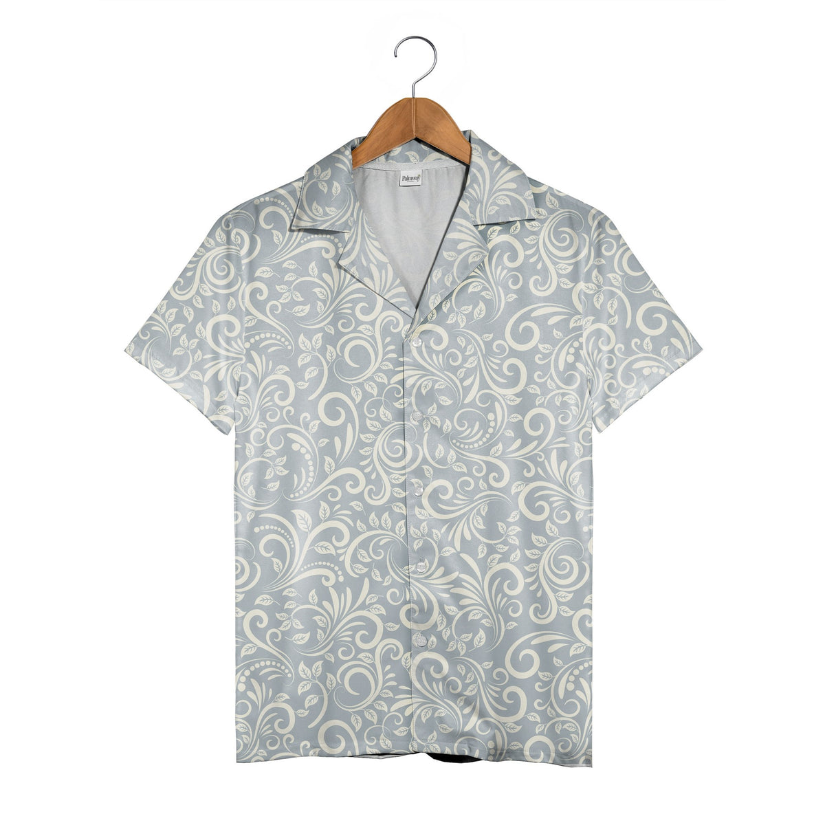 Serene Damask Hawaiian Shirt with Ornamental Scrolls in Pale Blue Gray