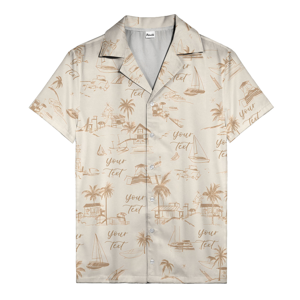 sketch illustrated palm trees & sailboats beach houses hawaiian shirt