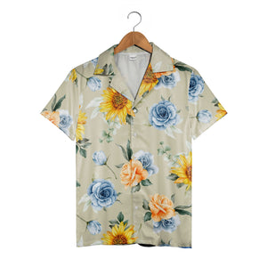 Sunflower and Blue Rose Hawaiian Shirt with Eucalyptus on Khaki Background