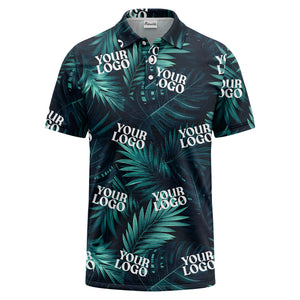 teal palm leaves & custom logo repeat pattern polo shirt
