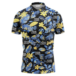 tropical floral hawaiian paradise flowers leaves plants black yellow blue green illustrated polo shi polo shirt