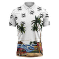 tropical surf vans & palm trees beach scene illustrated polo shirt for summer