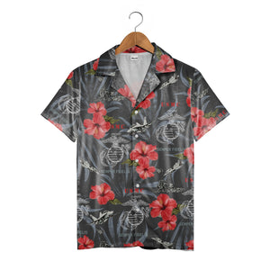 USMC Semper Fidelis Hawaiian Shirt - Fighter Jets Tropical Hibiscus Marine Print