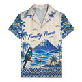 watercolor blue bird soaring over palm trees mountain scene hawaiian shirt