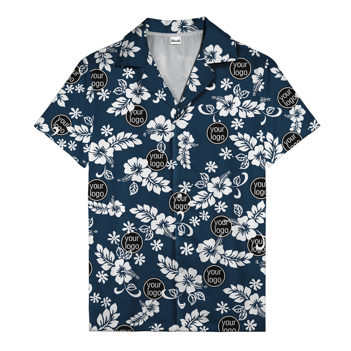 watercolor hibiscus blooms & custom logo navy blue hawaiian shirt
