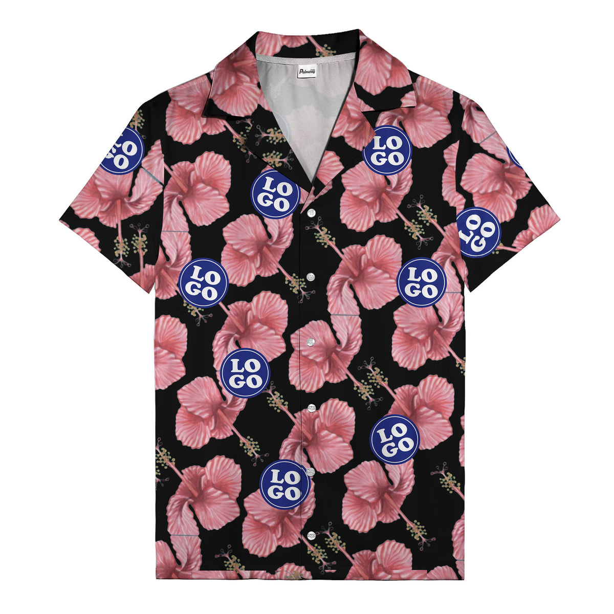 watercolor pink hibiscus & blue logo repeat aloha hawaiian shirt