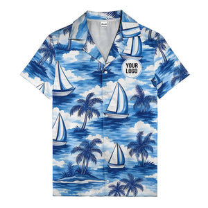 watercolor sailboats drifting through palm tree islands hawaiian shirt for men