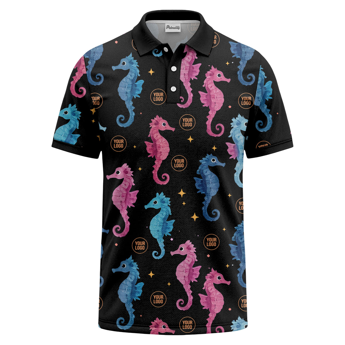 watercolor seahorse repeat marine life polo shirt in pink blue