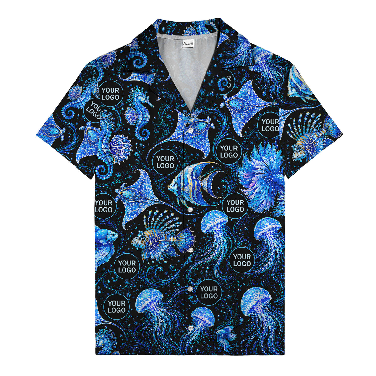 watercolor seahorses jellyfish navy blue hawaiian shirt