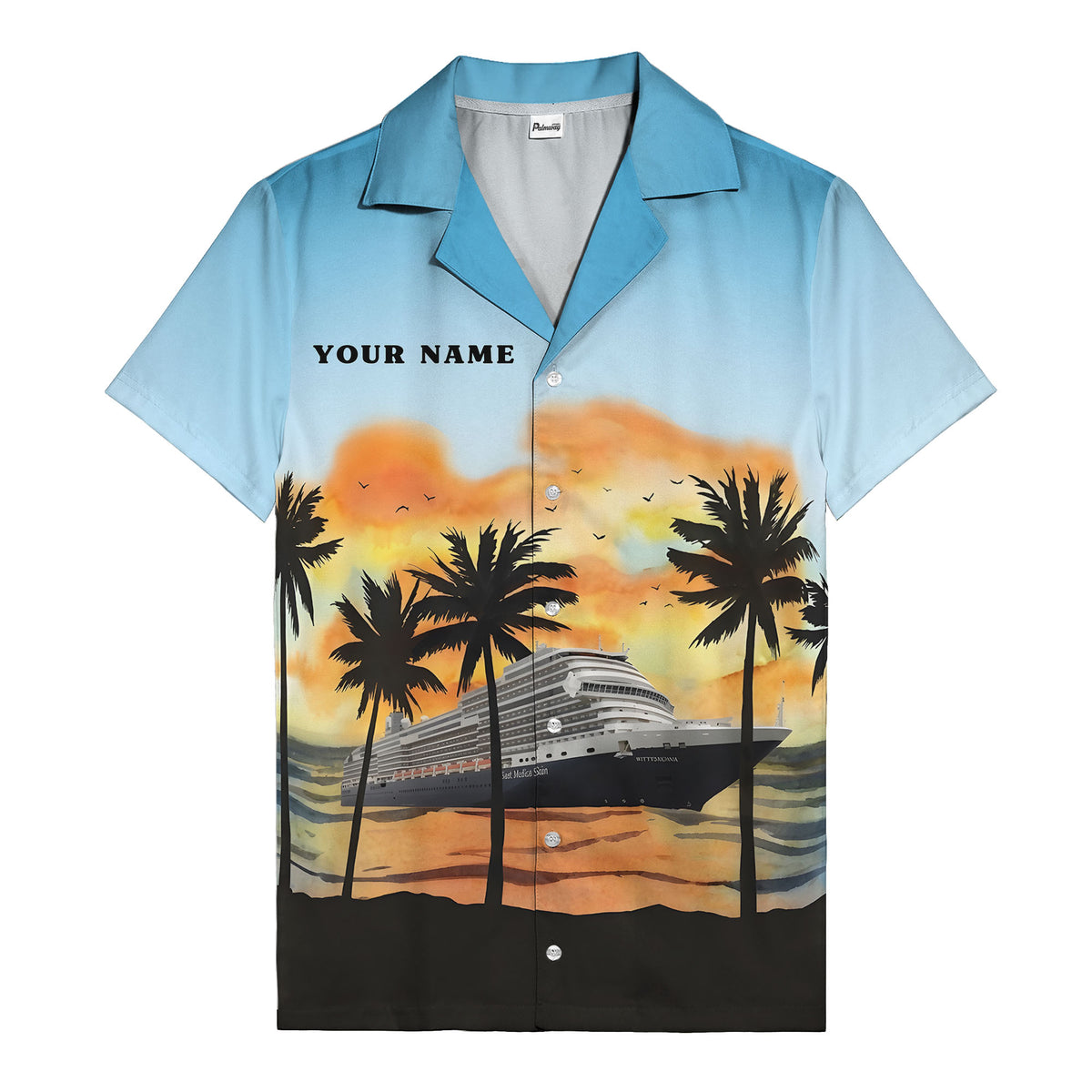 watercolor sunset cruise ship palm trees hawaiian shirt for men