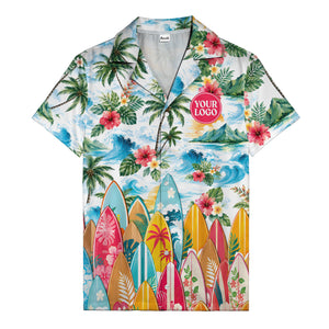 watercolor surfboards palm trees hibiscus hawaiian shirt for men