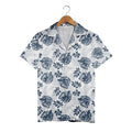 White Calm Elegant Monstera Hawaiian Shirt with Navy Blue Hibiscus Silhouettes
