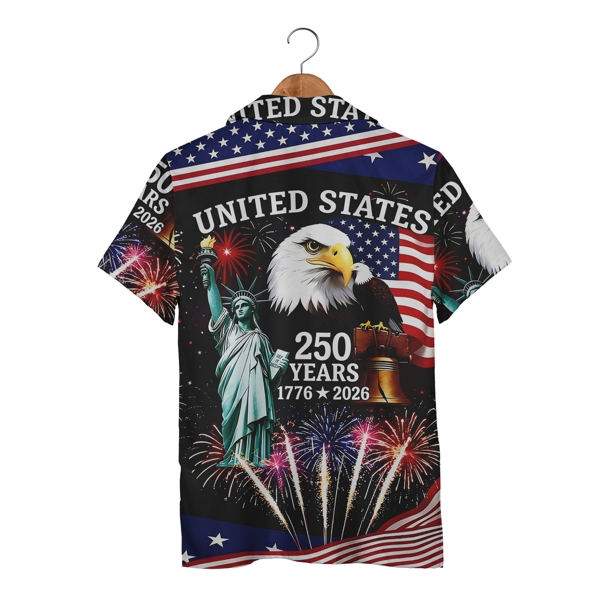 American Icons Hawaiian Shirt - Eagle Liberty Bell Statue of Liberty & Fireworks Print