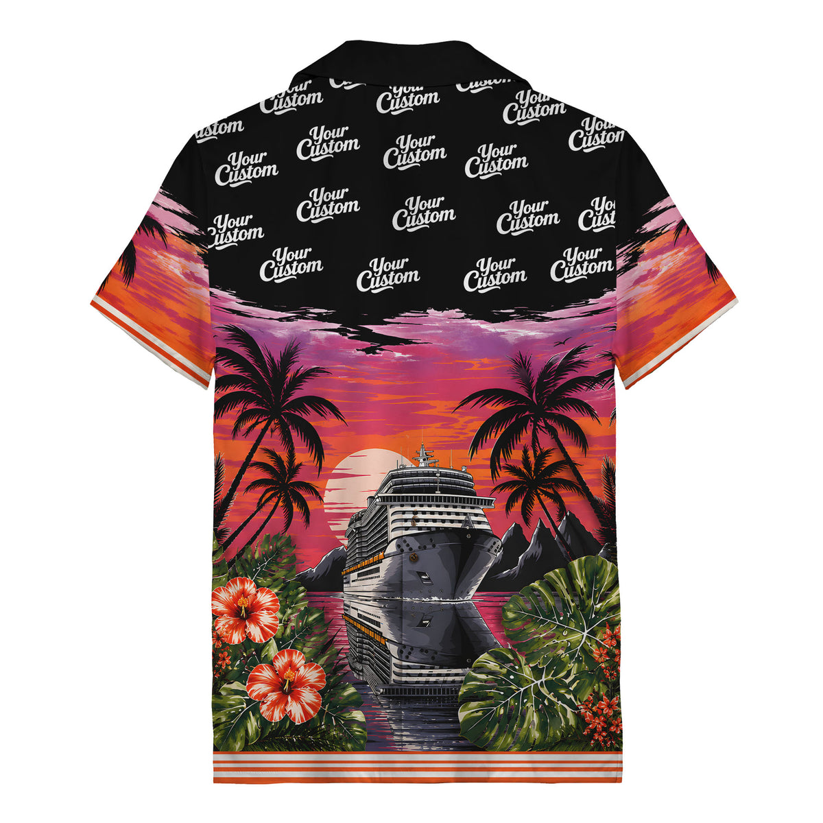 cruise ship sunset palm trees hibiscus flowers hawaiian shirt for men