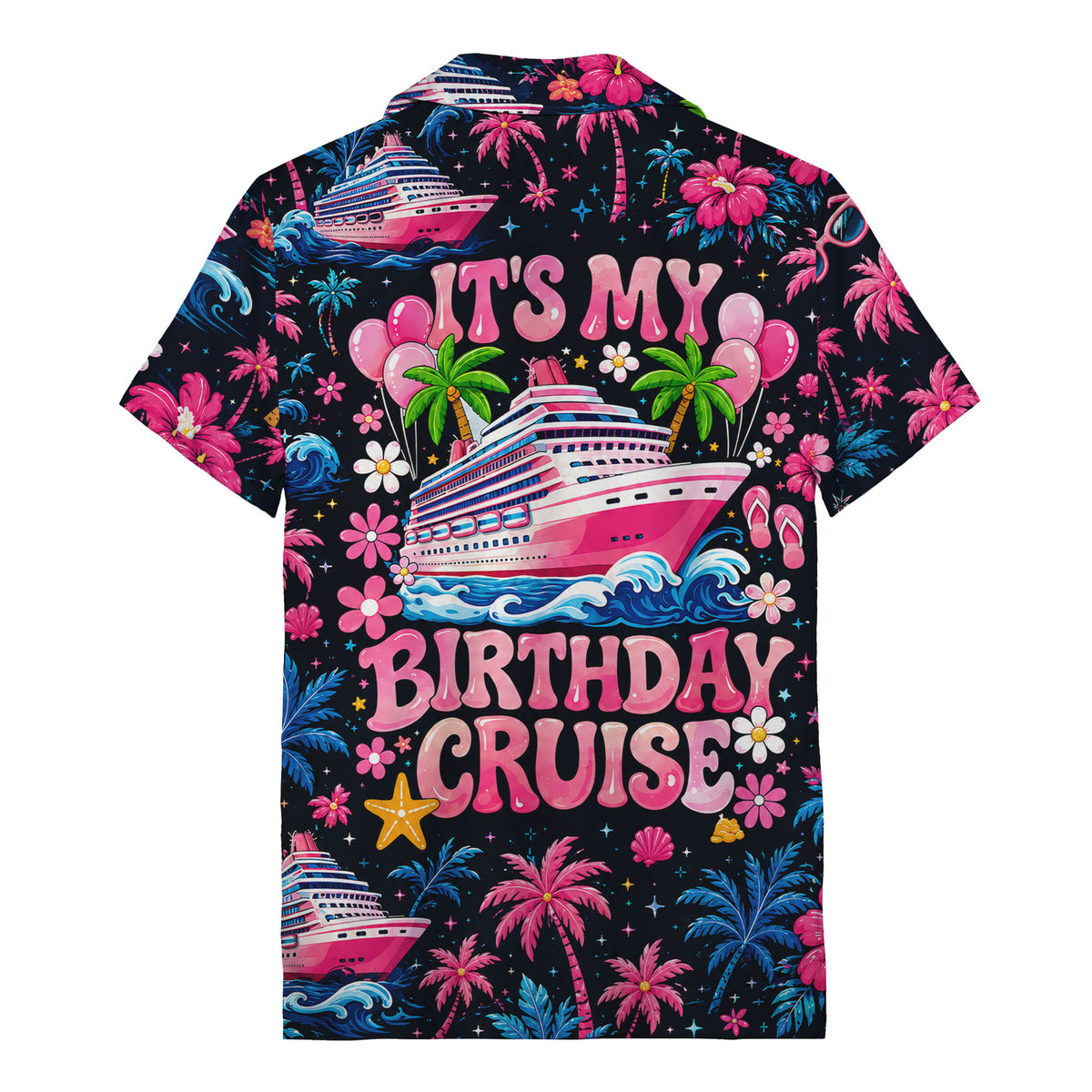 cruise ship sunset palm trees & hibiscus hawaiian shirt