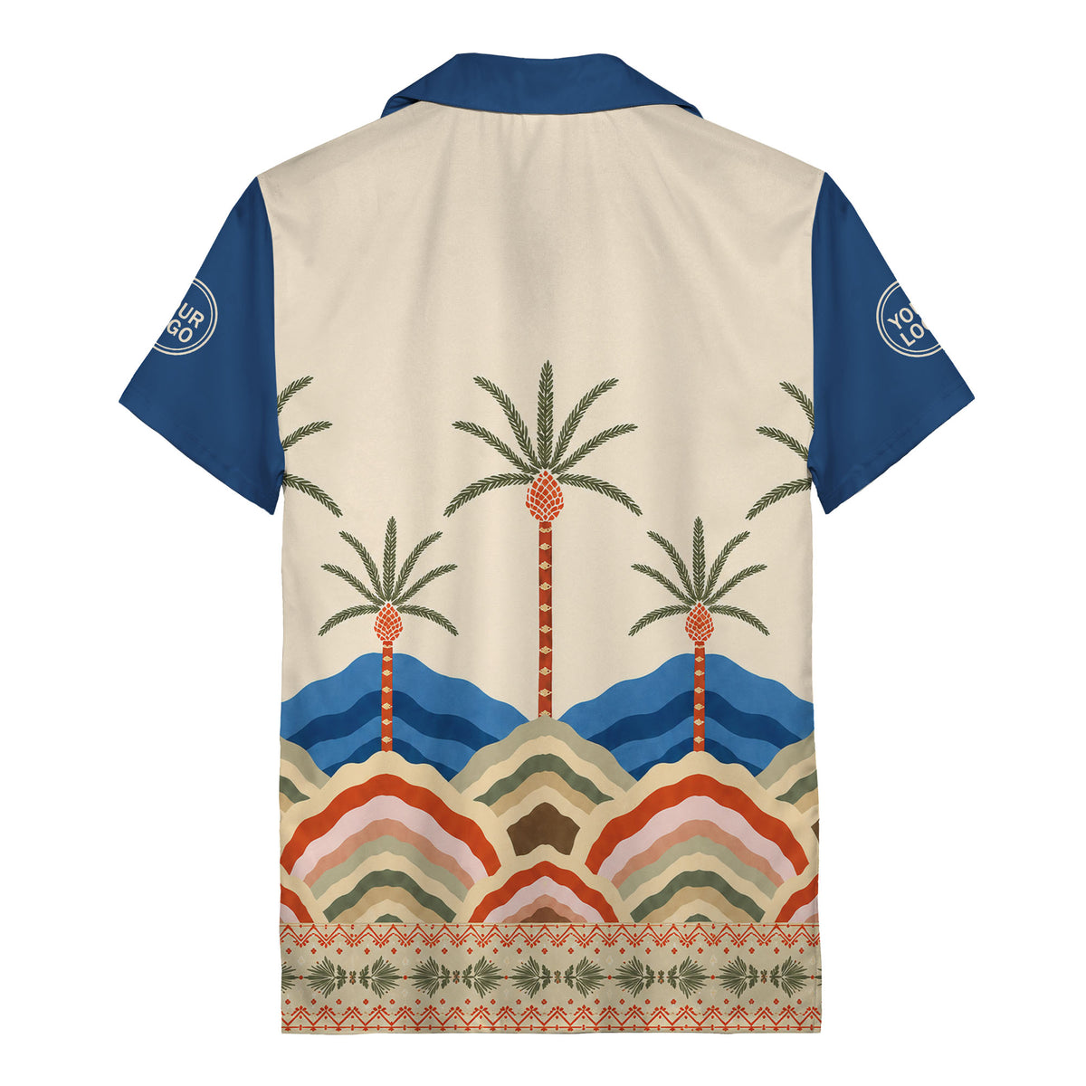 desert oasis palm trees sunset hills illustrated hawaiian shirt