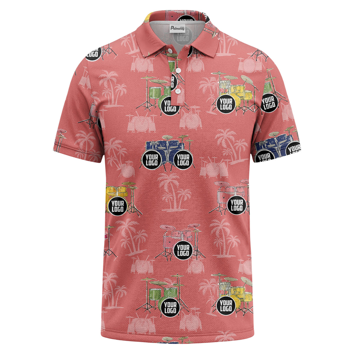 drum kit & palm tree repeat rock band polo shirt for men