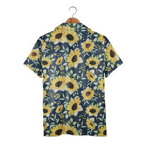 Elegant Watercolor Sunflower Hawaiian Shirt with Buds on Navy Blue