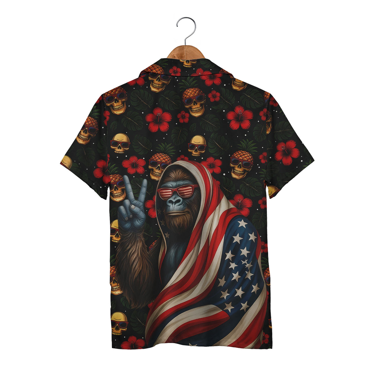 Gorilla American Flag Hawaiian Shirt - Tropical Skull Pineapple & Hibiscus Party Print