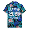 graduation caps tossed over hibiscus blooms on monstera hawaiian shirt